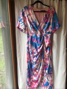 Vibrant Pink & Blue Floral Twist-Detail Midi Dress